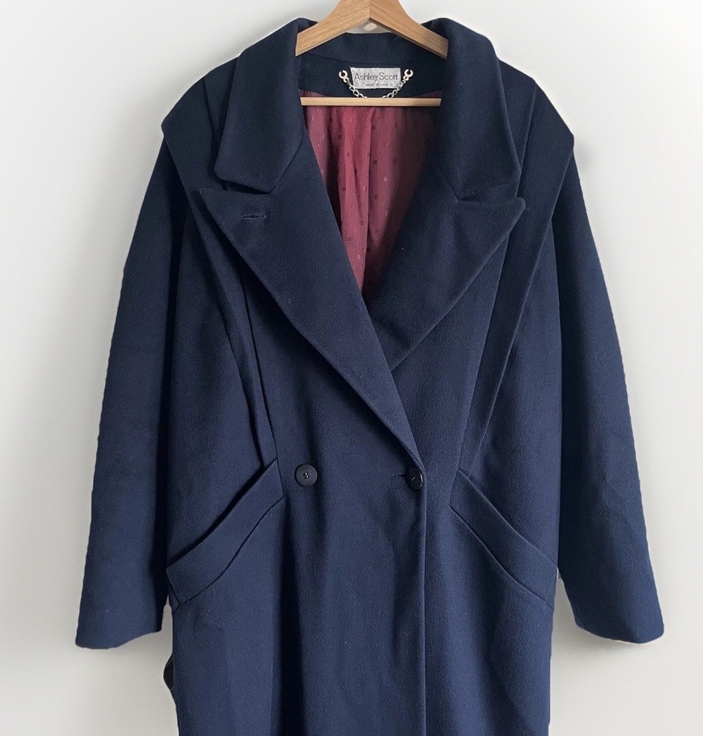 VTG Ashley Scott Women’s M/L Navy Blue 100% Wool USA Maxi Long Coat 80s/90s EXC - Picture 2 of 12